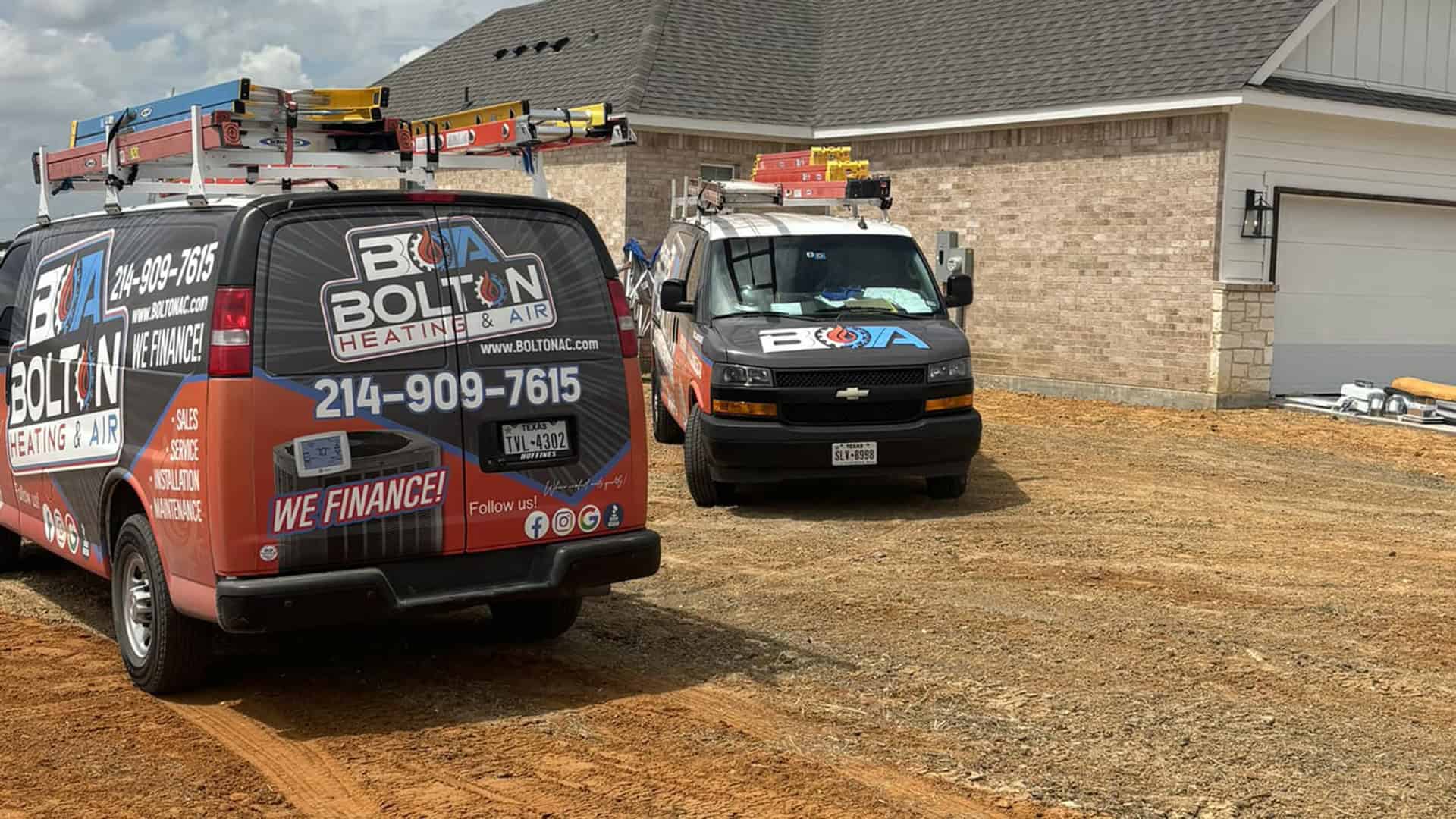 Bolton Heating & Air installing an HVAC system at a new home in the DFW metroplex