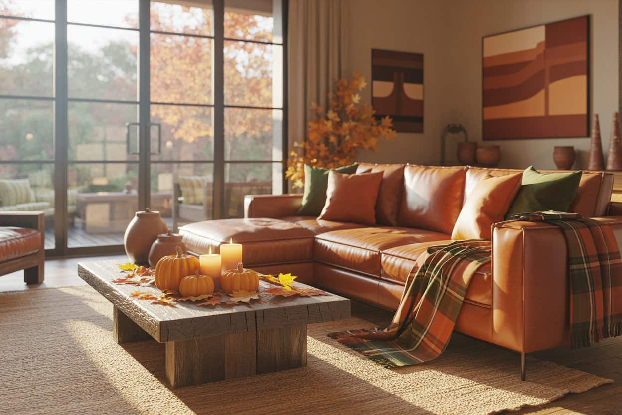 Cozy Texas living room decorated for fall with pumpkins, candles, and plaid blankets, representing a comfortable indoor space during allergy season