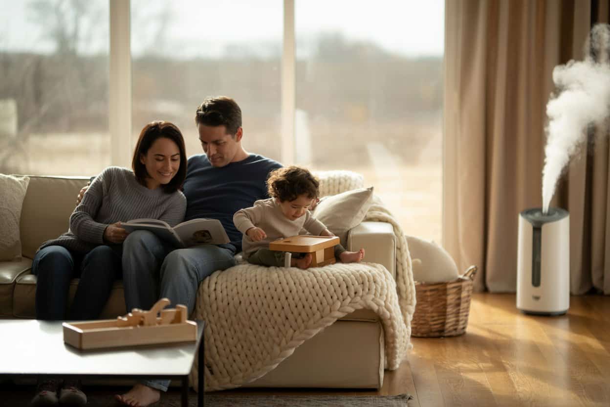 Family relaxing in a North Texas living room during winter with a humidifier running, showing how dry DFW winter air and furnace heating can affect indoor comfort.