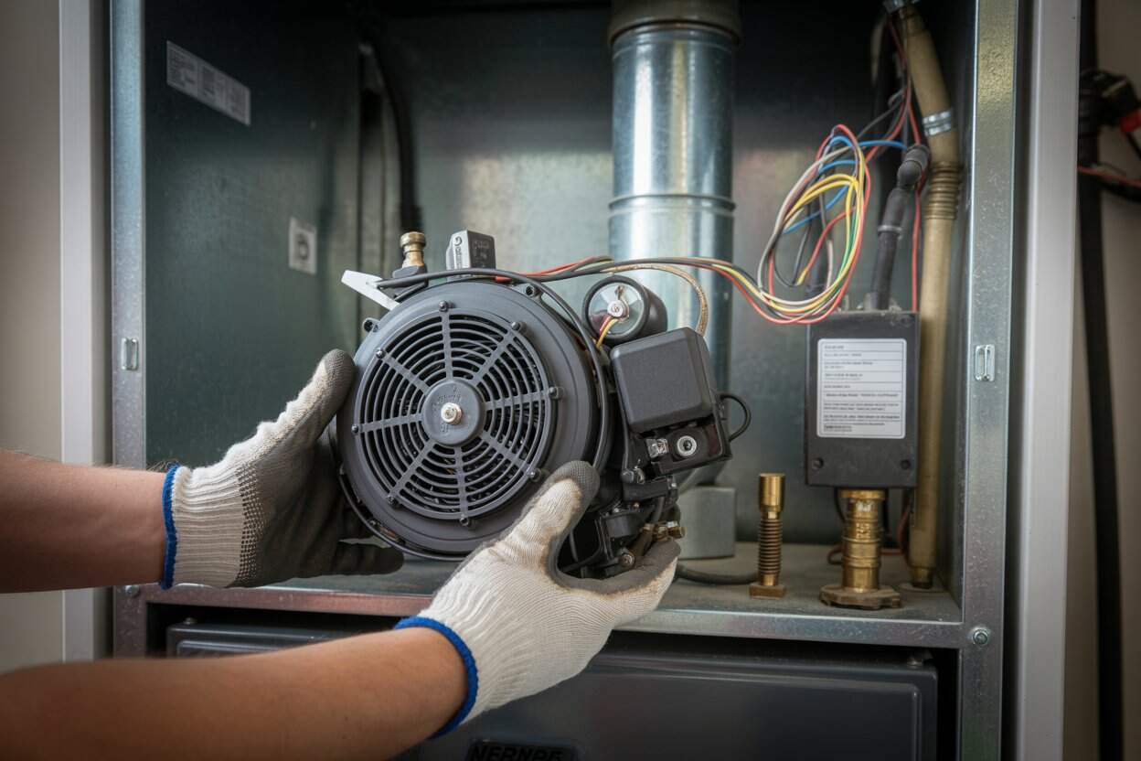 Technician holding a draft inducer motor inside a residential gas furnace during furnace repair service.