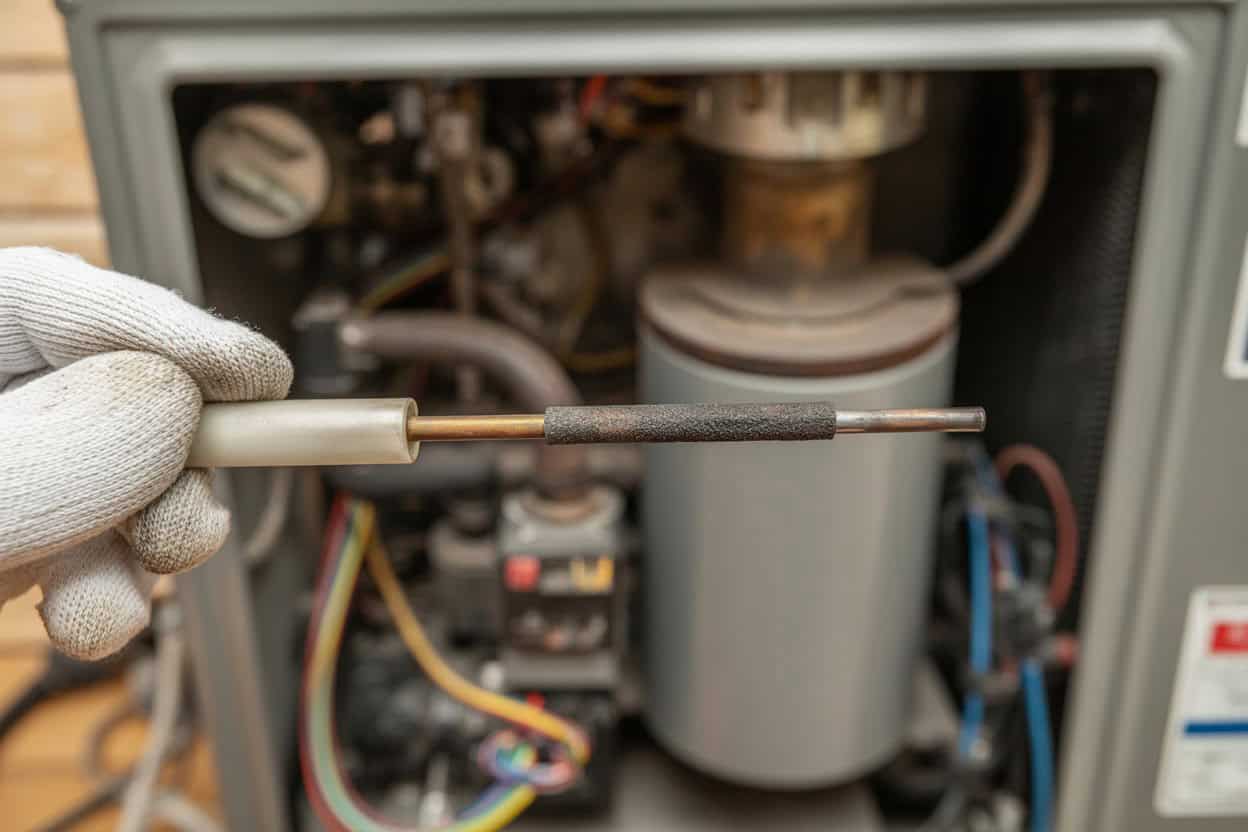 Close-up of a furnace flame sensor with soot buildup being cleaned during professional furnace maintenance service.