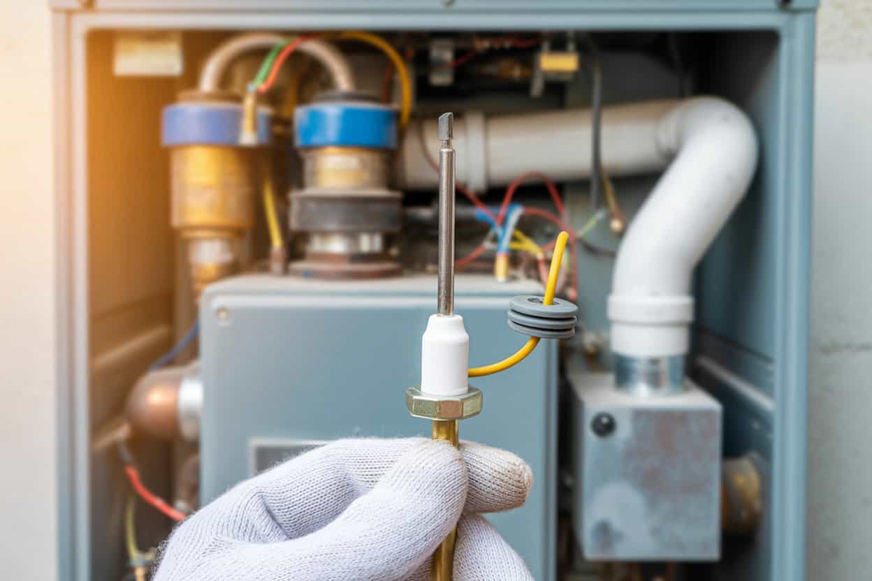 Close-up of a furnace flame sensor held by a technician inside a residential gas furnace during ignition system repair.