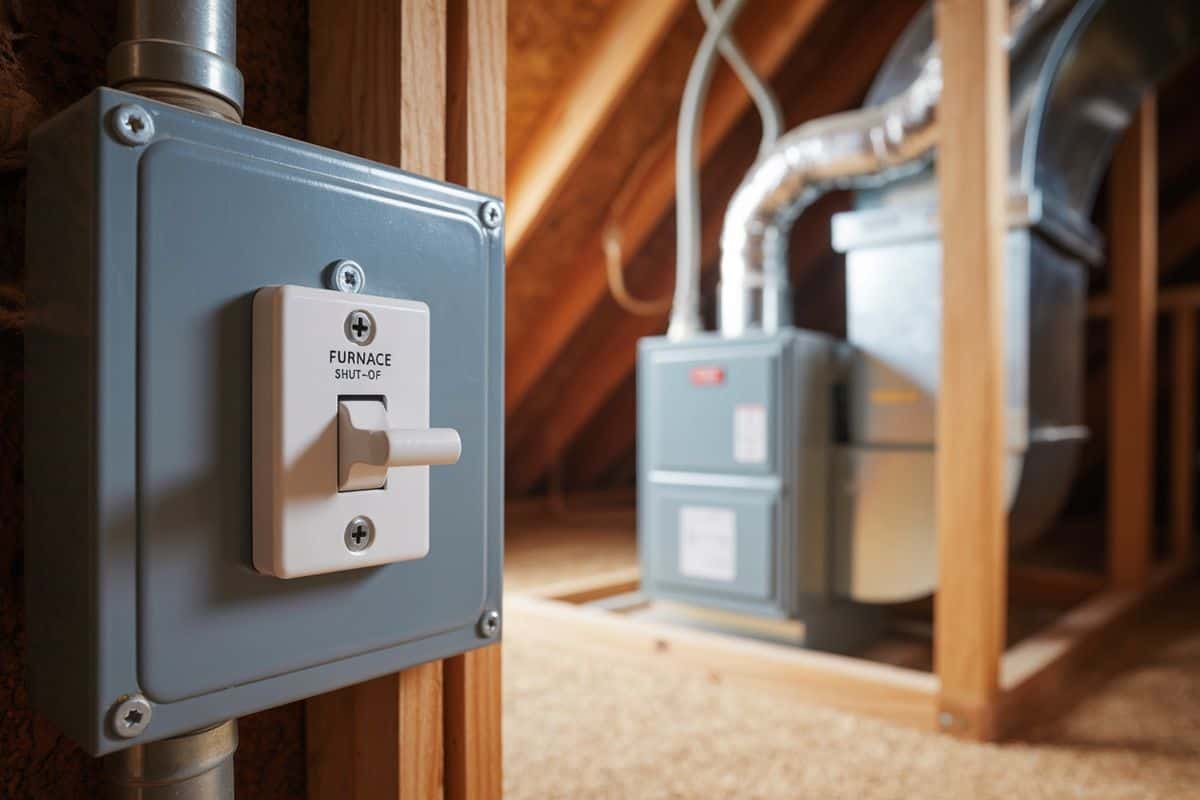 Close-up of a furnace shut-off switch inside a Texas attic with a home heating system in the background, showing how DFW homeowners can safely turn off a furnace in an emergency.