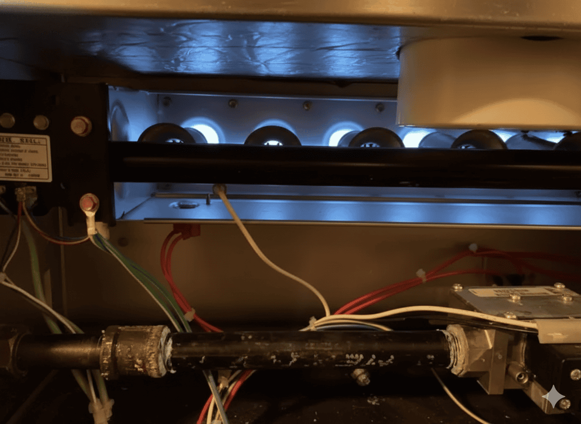 Close-up view of active gas furnace burners with blue flames and visible wiring, showing the internal components of a residential HVAC heating system