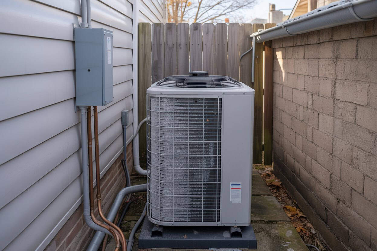 Residential outdoor heat pump unit with light frost on the coil, commonly affected by defrost cycle problems during cold weather.