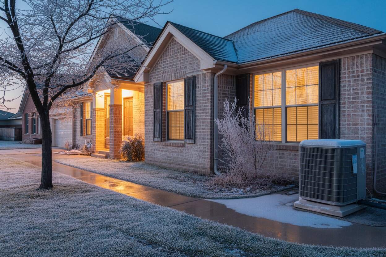 North Texas home during a winter freeze with warm lights inside and an outdoor HVAC unit, showing the importance of heater readiness in Forney TX